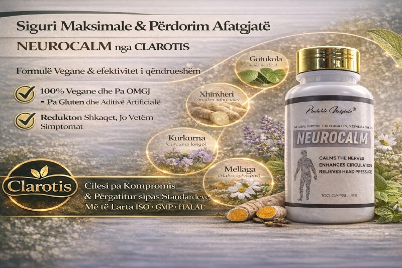 NEUROCALM suplement bimor nga CLAROTIS, kapsula vegane per sistemin nervor, suplement per qetesim natyral, produkt per presion ne koke dhe vesh, kapsula per permiresim te qarkullimit te gjakut, suplement per relaksim nervor, kapsula per lodhje nervore